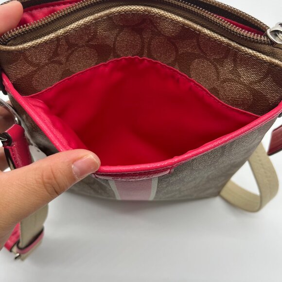 Coach Brown Coated Canvas Signature Pink Stripe Swingpack Bag - Picture 11 of 13